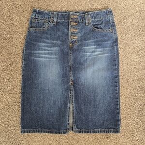 Vintage Mossimo Denim Midi Skirt Button Fly Size 7 (30" Waist) 90s Blue Jean